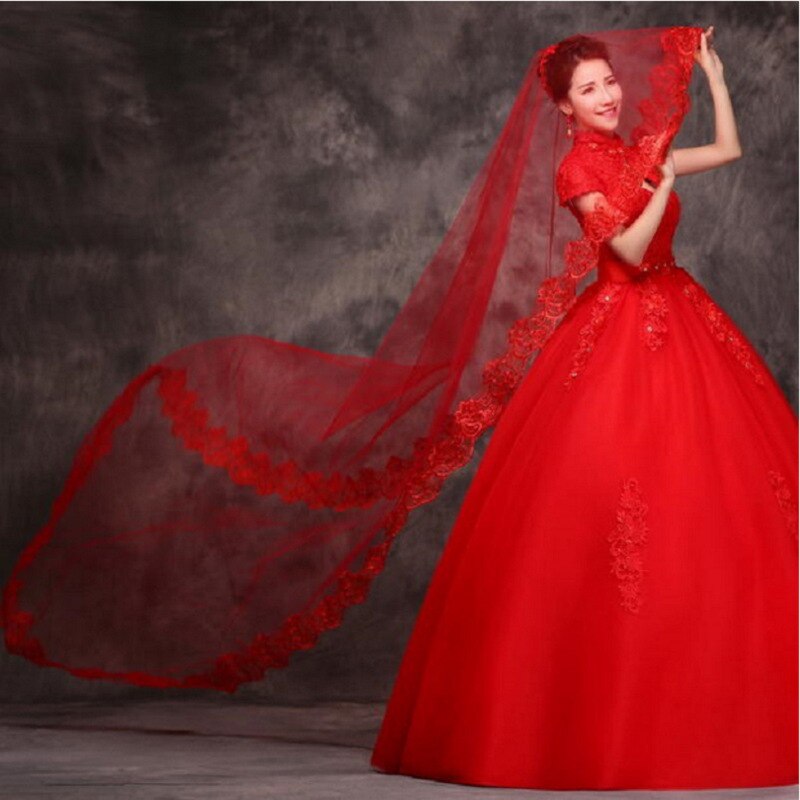 Red Bridal Veil Lace Short Elbow Wedding Veil Appliques Bride Veils