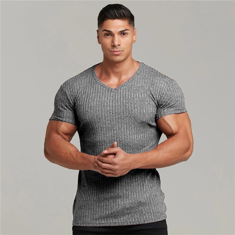 Zomer hardloopshirt met v-hals en korte mouwen, gebreid t-shirt voor heren, sportshirt, slim fit t-shirt, fitness, bodybuilding, trainingskleding: V-hals grijs / M