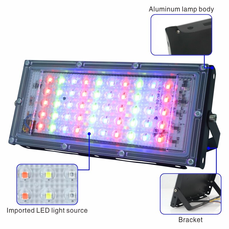 2 stk/parti 50w ledet rgb flomlys lampe  ac 220v utendørs flomlys  ip65 vanntett reflektor ledet få øye på med fjernkontroll