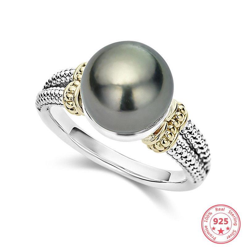 S925 Silver Pearl Ring for Women Bizuteria Wedding Anillos De diamond Gemstone silver 925 jewelry Grey Pearl Ring women: 10