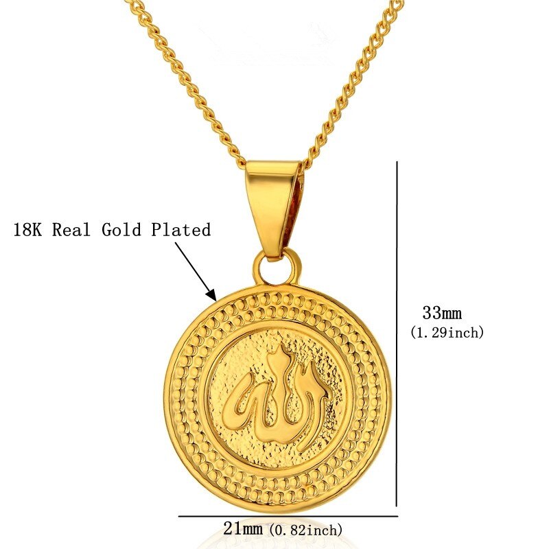 Hip Hop Iced Out Round Allah Pendant Necklace Stainless Steel Islam Muslim Arabic Gold Color Prayer Jewelry