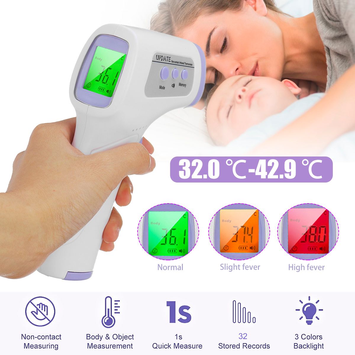 Lcd handheld ir digitale thermometer infrarood thermometer meter contactloze voorhoofd baby volwassene lichaamstemperatuurmeting