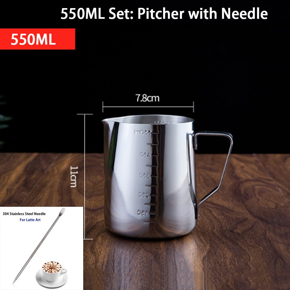 Milk Steaming &amp; Frothing Pitcher, Stainless Steel Non-Stick Milk Jug Pull Flower Cup Perfect For Coffee Cappuccino Latte Art: 550ML Set