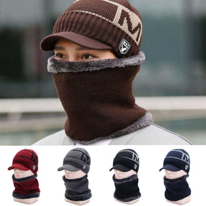 5 färger nyaste unisex herr kvinnor vinter varm mössa halsvärmare hantverk stickat visir mössa fleecefodrad öronlock