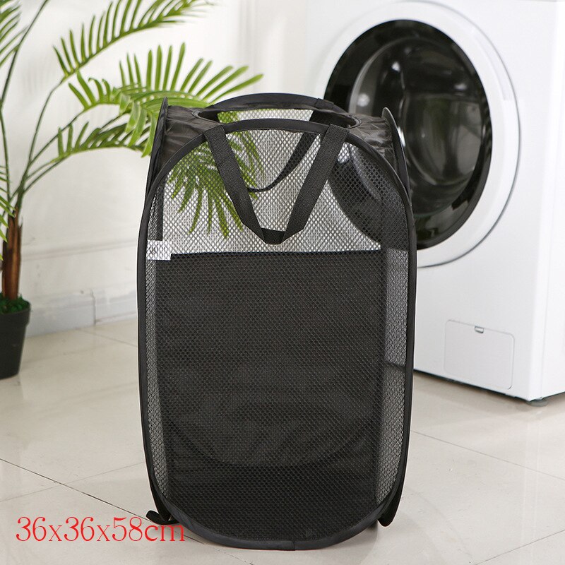 Dirty Laundry Clothes Basket Foldable Fabric Grid Household Clothes Storage Large Capacity Bathroom Finishing Storage Basket Bag: Black 36X36X58cm