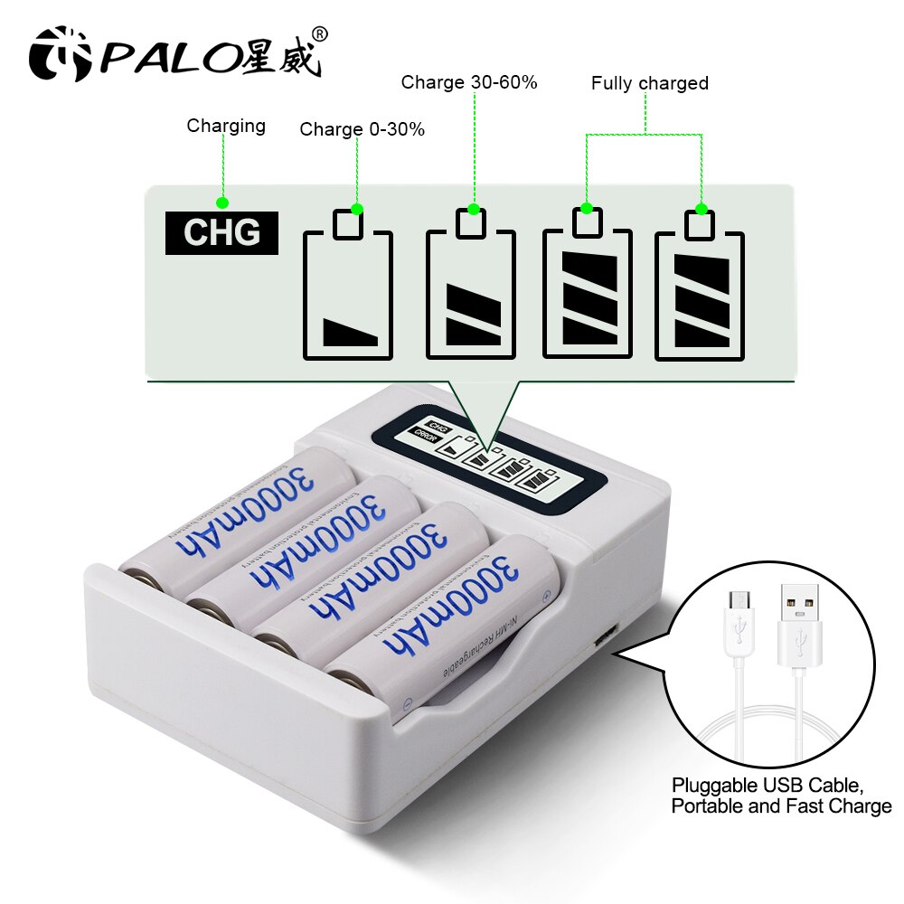 PALO AA AAA rechargeable battery charger 4 slot LCD smart usb charger for 1.2V AA AAA nimh nicd pre-charge batteria