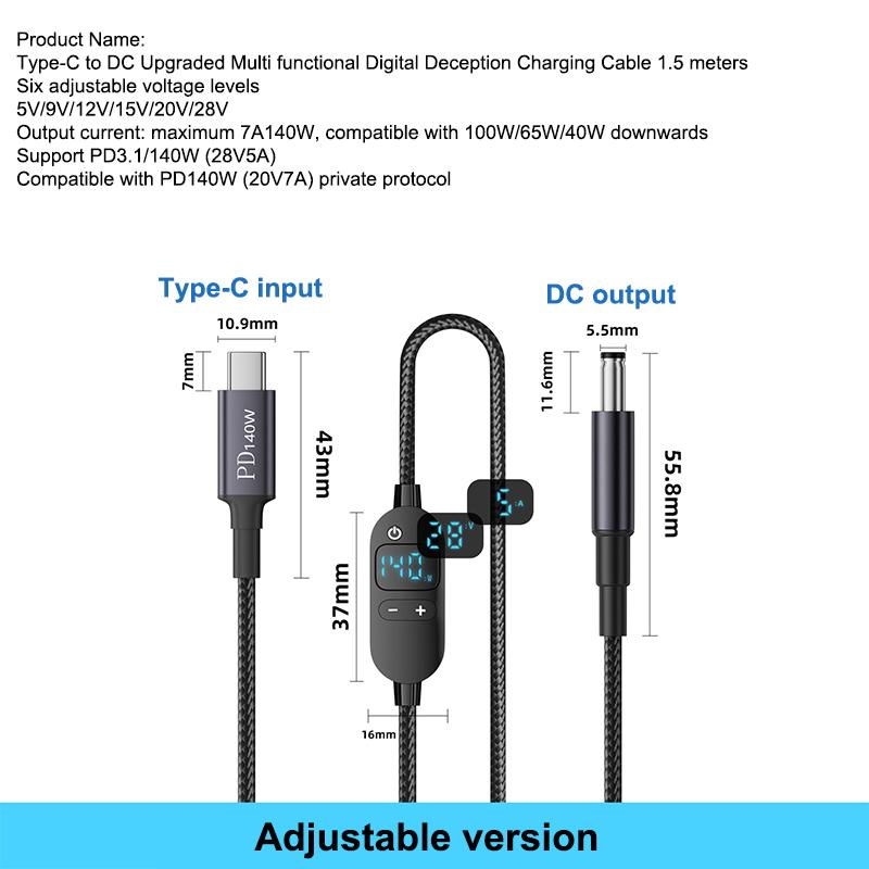 USB C Naar DC Power Boost Kabel Verstelbare Spanning Adapter Connector Cord Voor Laptop Router PD140W/5 V/9 V/12 V/15 V/20 V/28 V: Oranje