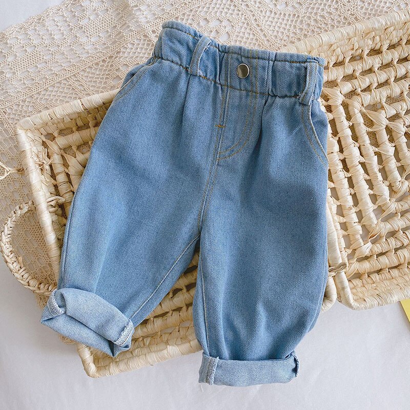 2022 neue Frühling freundlicher Hosen Knospe Taille Mädchen Hosen Jungen Denim Hosen Mädchen Jeans: Blau / 100