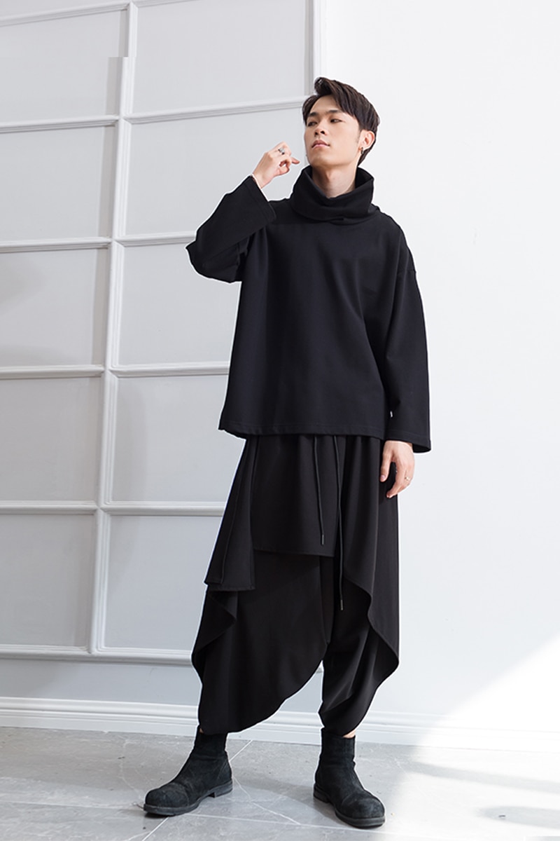 Lente en herfst heren casual broek kapper rok broek donker zwart persoonlijkheid onregelmatige tij mannelijke harem broek negen poi