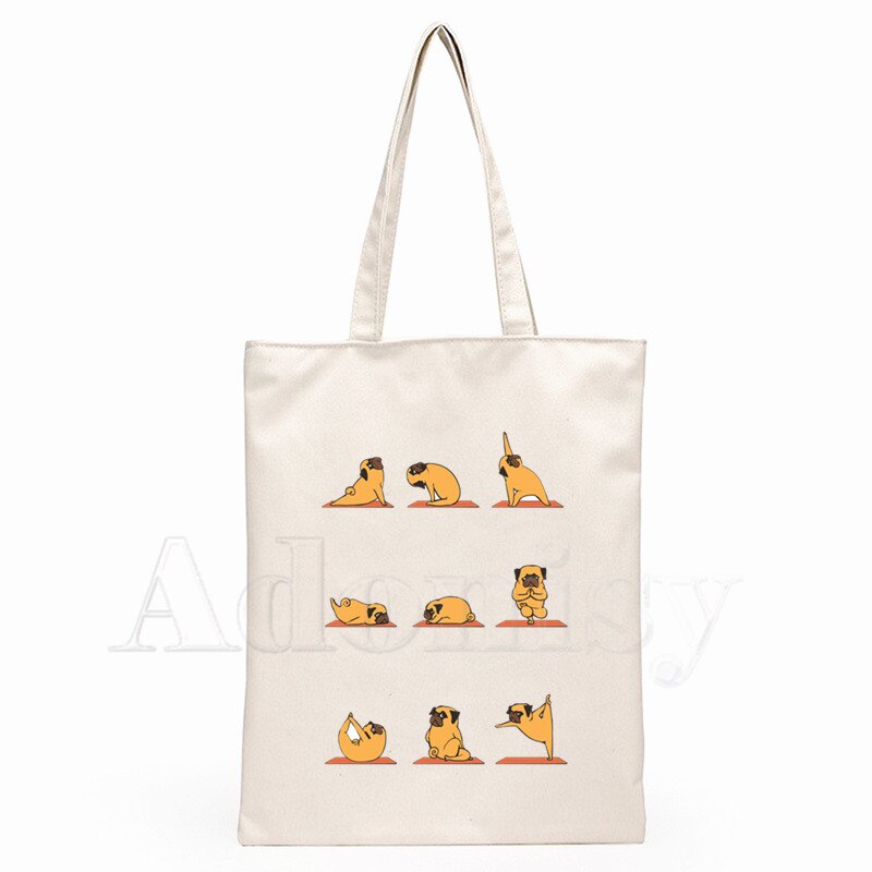 Pug Dog Ladies Handbags Cloth Canvas Tote Bag Shopping Travel Women Eco Reusable Shoulder Shopper Bags Bolsas De Tela: C