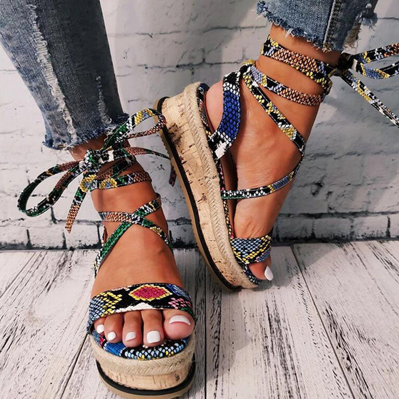 Sommer kvinder slange sandaler platform hæle tværbånd ankelblonder kigge tå strand fest damesko zapatos de mujer