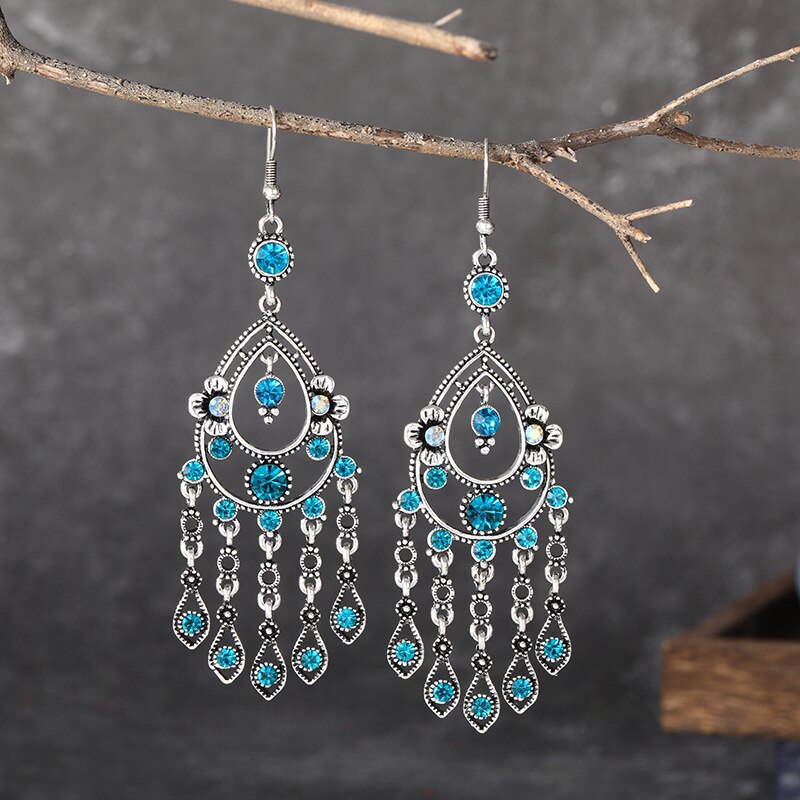 Niebieski Rhinestone etniczne kolczyki paw indyjska biżuteria w stylu Vintage srebrny kolor kryształu dynda wiszące kolczyki dla kobiet Pendientes