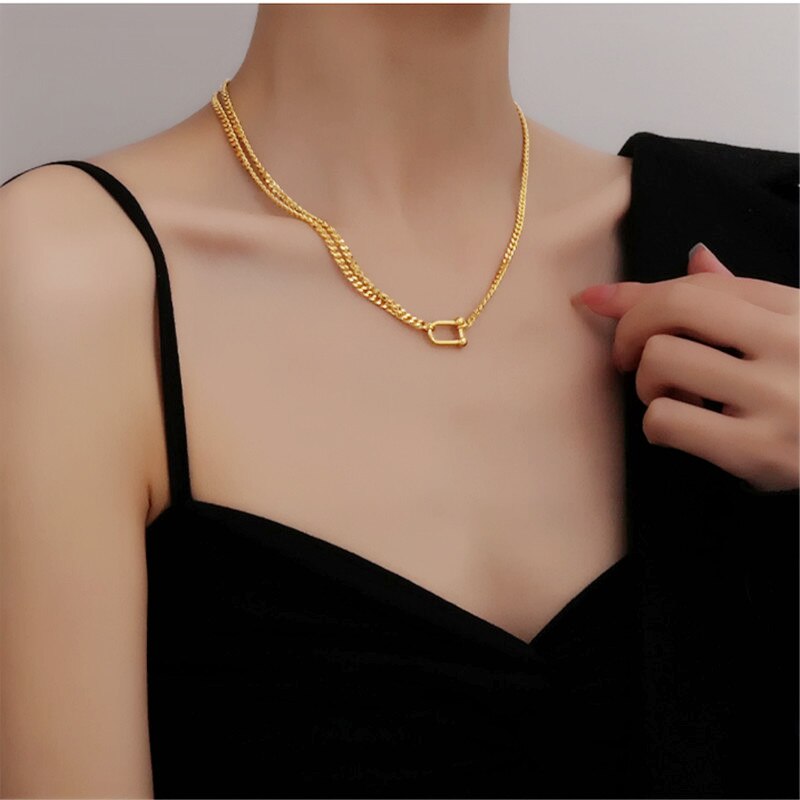 HUANZHI Gold Color Double layer Asymmetric Metal Necklace U Shape Pendant Choker Chian for Women Girls Jewelry