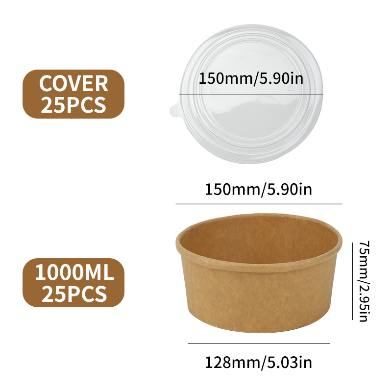 Cuencos de papel Kraft desechables, fiambrera Bento para llevar, cajas de comida con tapas, sopa, fideos, ensalada, contenedor de alimentos desechable, 25 uds.: Caqui