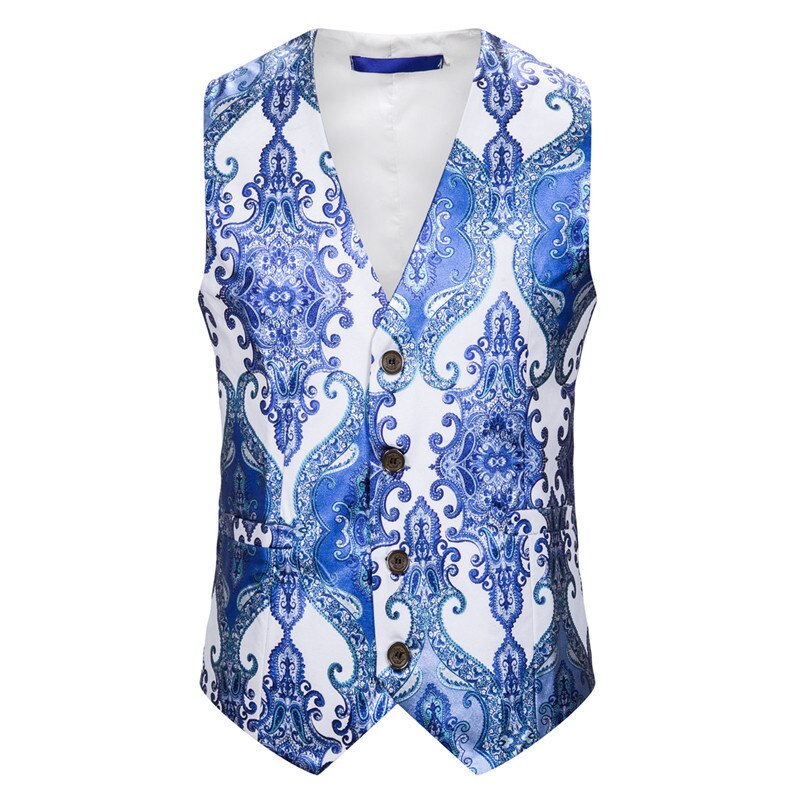 Steampunk Men Suit Waistcoat Luxury Brand Palace Style Floral Print Night Club Prom Slim Wedding Vest: White blue / Euro Size XXL