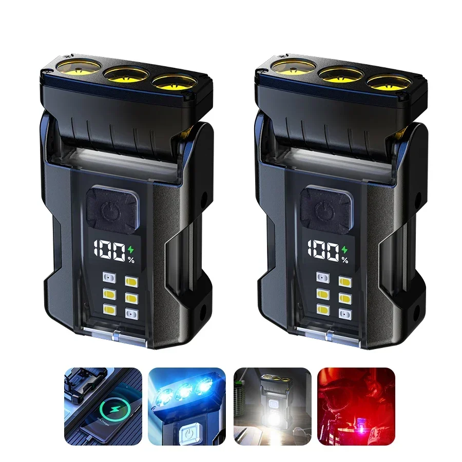 Portable Mini LED Flashlights USB Rechargeable EDC Flashlight with Battery Display Magnetic Working Light 7 Modes Fishing Torch: changeable