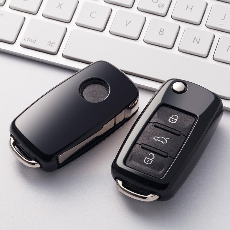 Zachte tpu autosleutelhoes voor vw jetta golf passat kever polo bora 2 / 3- knops klapsleutel beschermhoes accessoires sleutelhanger: A-zwart
