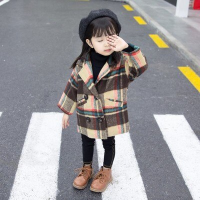 Meisjes wollen overjas herfstoutfit meisjes 1-5 jaar koreaanse versie katoenen sandwich lange warme geruite wollen jas: Bruin / 2t