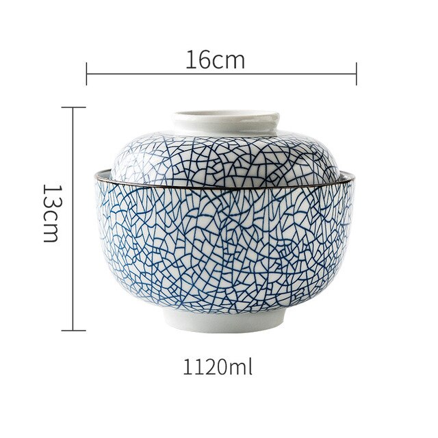 Cuenco de cerámica para sopa, tazón japonés de 4,5 pulgadas y 6,5 pulgadas con tapa, tazón de porcelana azul y blanca para arroz, tazón para sopa y estofado de: 6.5inch tureen B