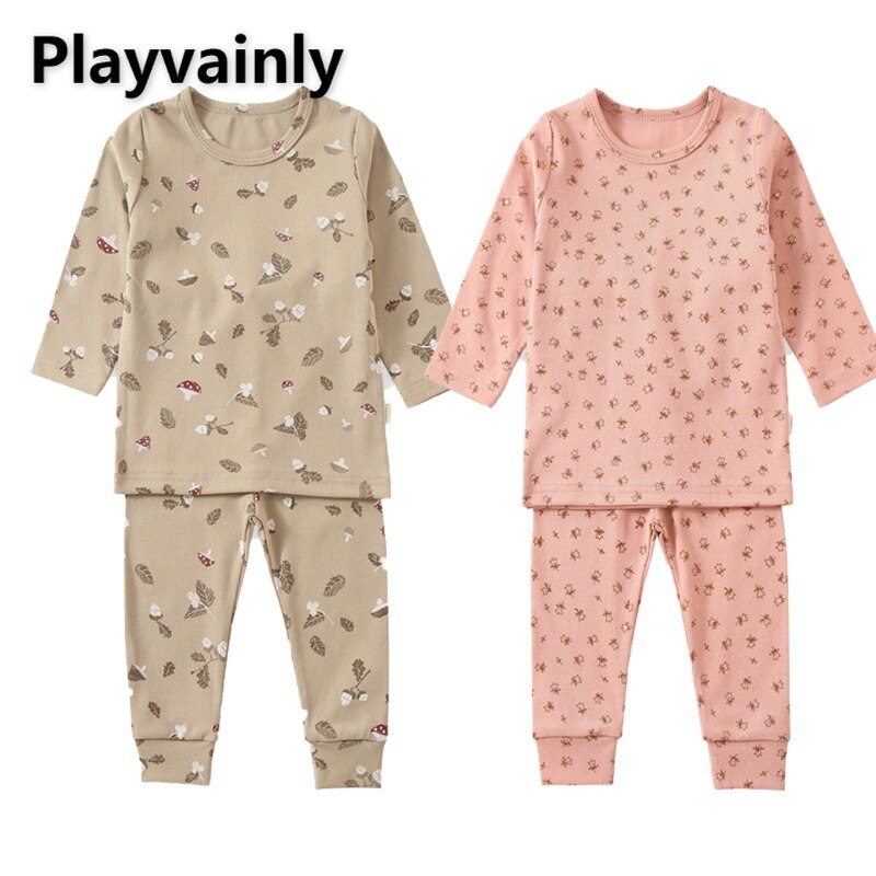 Primavera vestiti per bambini ragazza ragazzo pigiama cotone collo tondo maniche lunghe fagiolo rosa indumenti da notte verdi camicia da notte neonato Unisex E6122