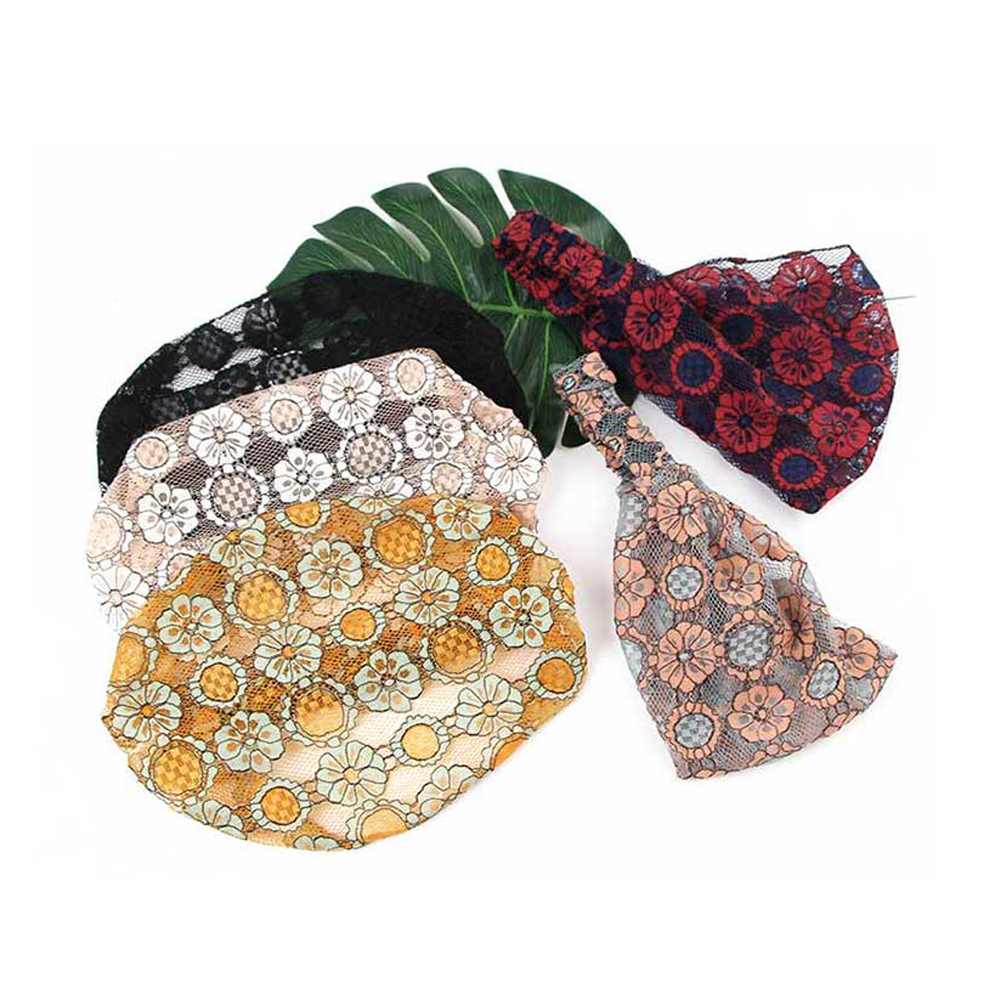 Vrouwen See Through Floral Lace Stretch Brede Head Band Haarband Bandana Headwrap