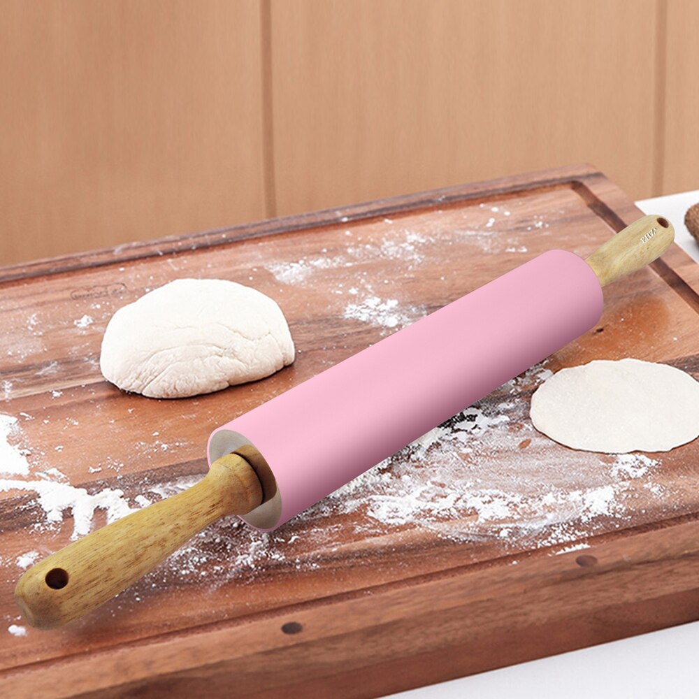 Ehz kagerulle 18.9 tommer rustfrit stål silikone rullehjul brød toast pizza dej bagning non-stick massivt træ håndtag pink