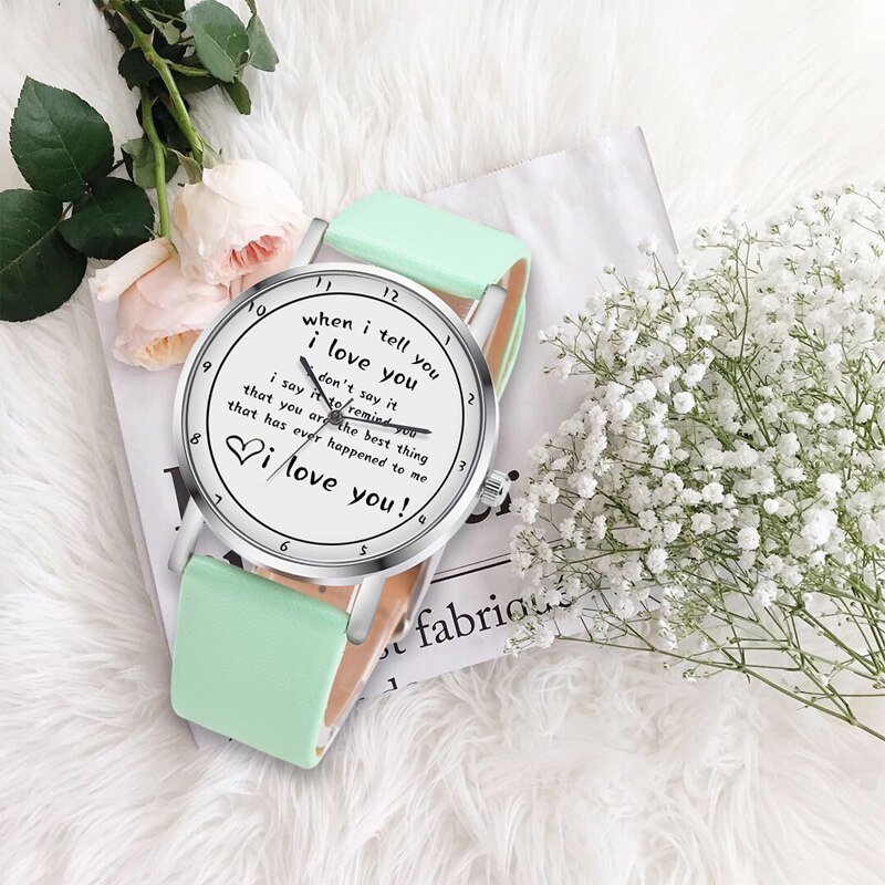 Letters Gedrukt Horloge Quartz Horloge Met Pu Lederen Band I Love U Horloge Voor Vrouwen Meisjes H9