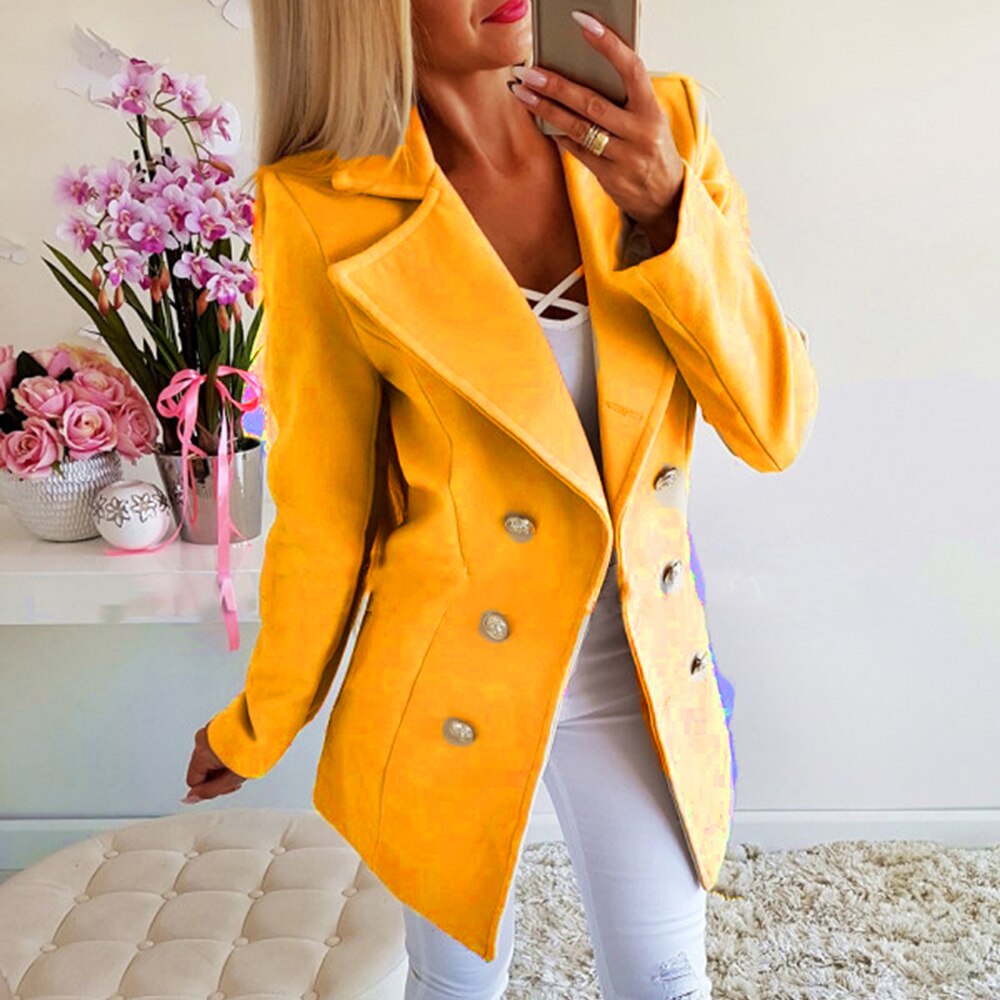HEFLASHOR Mujer Chaquetas de lana Casual otoño doble botonadura Vintage Oficina señora vestido abrigos chaqueta sólida delgada ropa de abrigo Mujer: yellow / XXXL