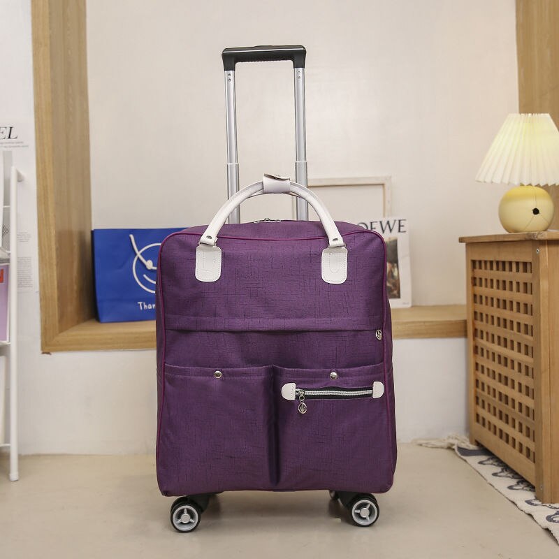 Moda donna carrello bagaglio valigia da viaggio borsa da viaggio a mano cravatta casuale borsa da viaggio ruote valigia per bagagli: viola