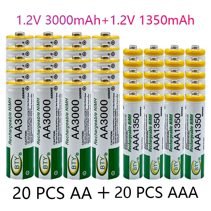 Brand 1.2V Aa 3000Mah Ni Mh Oplaadbare Batterij + Aaa Batterij 1350MA Oplaadbare Batterij Ni Mh 1.2V Aaa Batterij: AA-AA20pcs