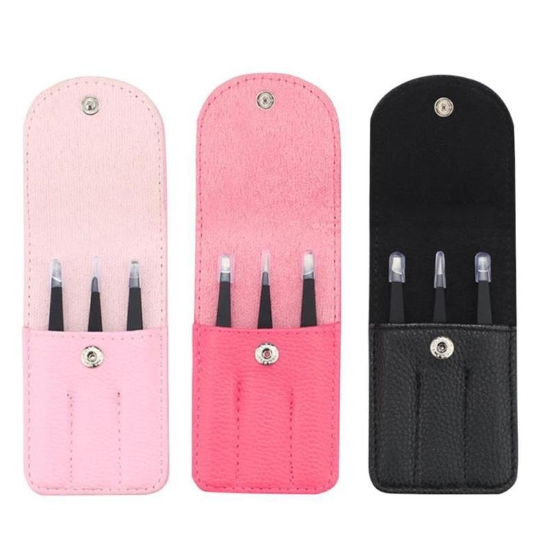 Set van 3 wenkbrauwpincetten, roestvrij staal, puntig, schuin haar, make-upclips, gereedschap, etui, puntig, plat, verwijdering met punt, wenkbrauw, oog