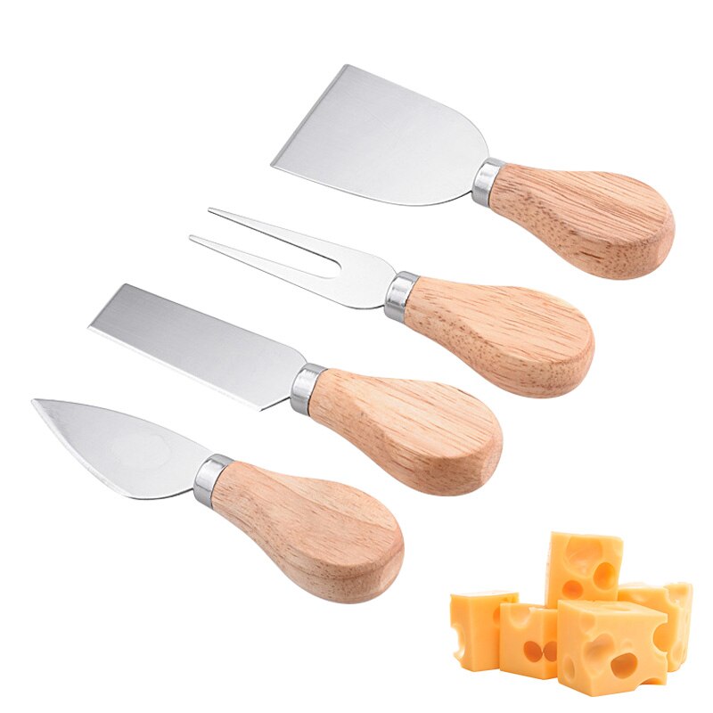 4Pcs Cheese Knives Cheese Cutlery Set Steel Stainless Cheese Slicer with Wood Handle Spatula Kitchen Cheese Cutter Fork
