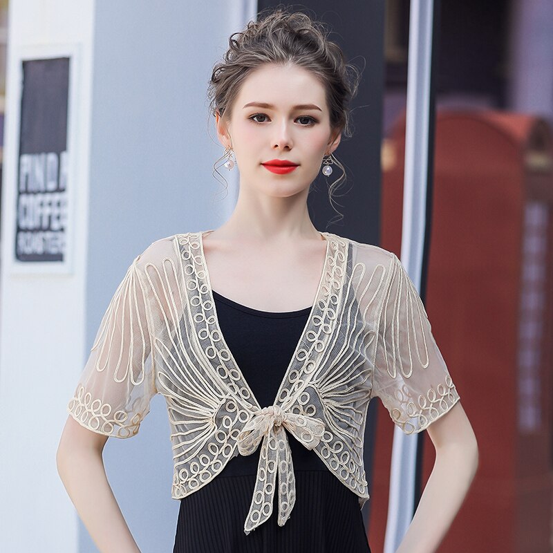 Blanc noir manches courtes veste de mariage boléro en dentelle pour les femmes haussement d'épaules pour les robes de soirée Cape mariée fête formelle manteau veste