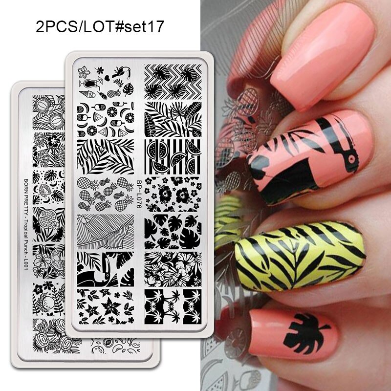 GEBOREN ZIEMLICH 2Pcs Nagel Stanzen Platten Set Rechteck Blume Geometrische Muster Nail art Bild Stempel Vorlage DIY Maniküre: 2Pcs-Set17