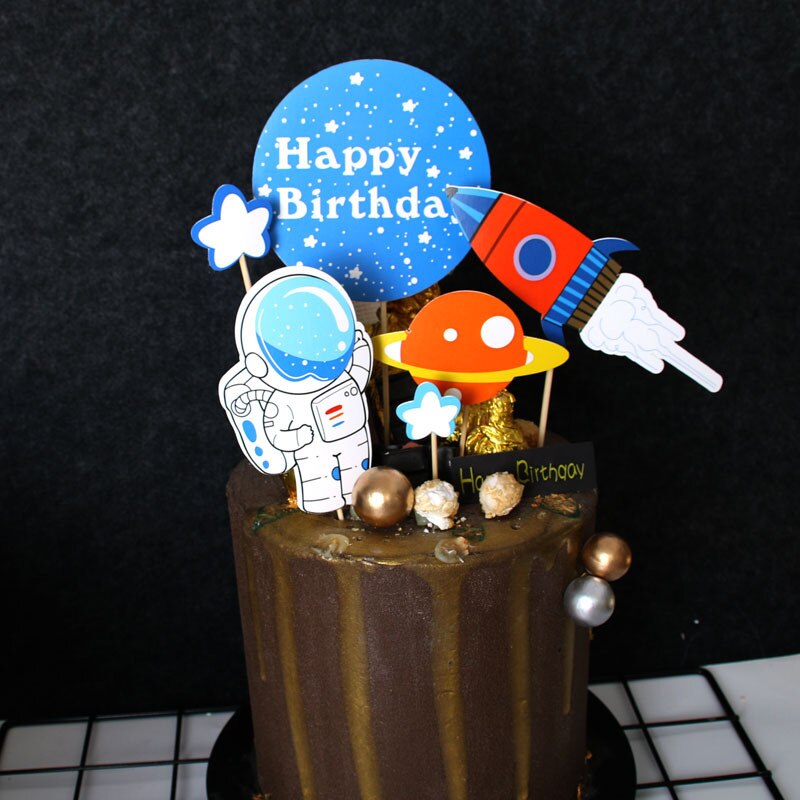 Cakelove 1 set astronaut Spacecraft Rocket Universe Cake Topper with Toothpick for Birthday Party Decoration Dessert: style  1