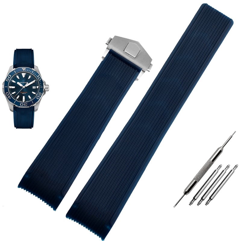 Rubber watchband for TAG WAY201A/WAY211A 300|500 wrist strap 21mm 22mm Arc end black blue Watch Band with folding buckle: Blue silver clasp / 21mm