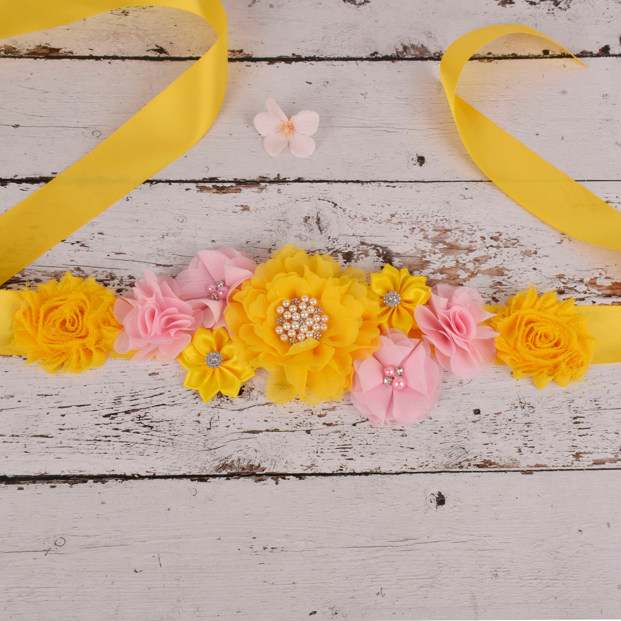 Fajín de flores para maternidad, Amarillo/rosa, cinturón para el vientre para embarazo, accesorios de para fotos, banda para de Baby Shower, cinturón de flores para niña de 3 yardas