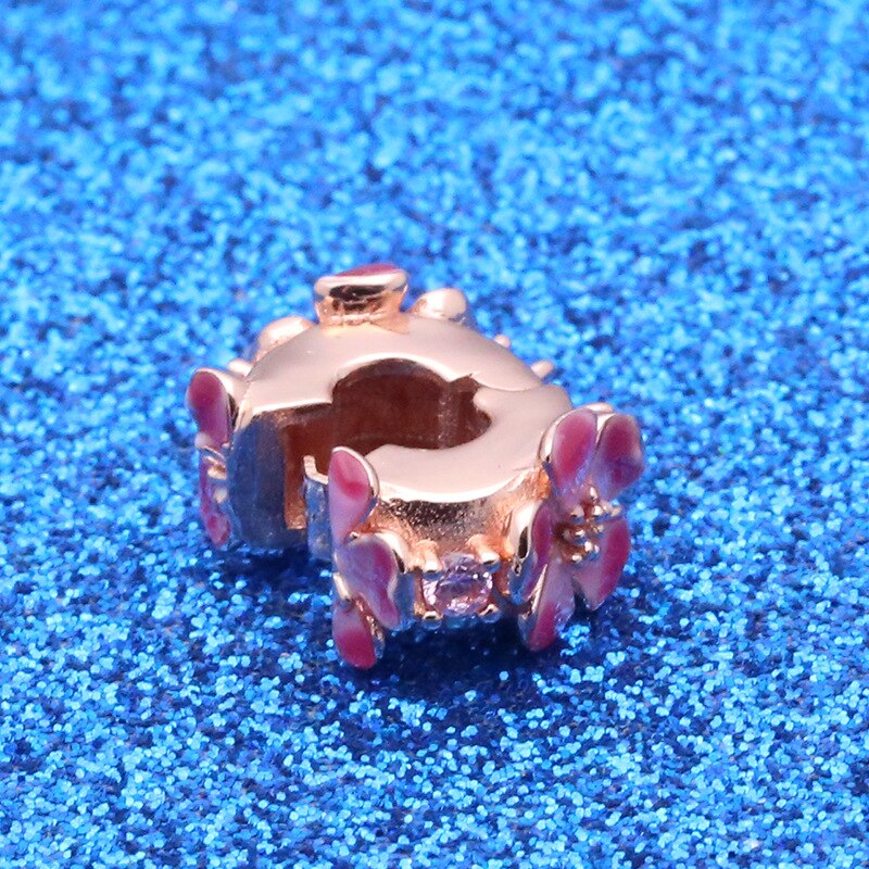 Genuine 925 Sterling Silver Bead Charm Rose Peach Blossom Flower Clip Stopper Beads Fit Pan Bracelet & Necklace Diy Jewelry
