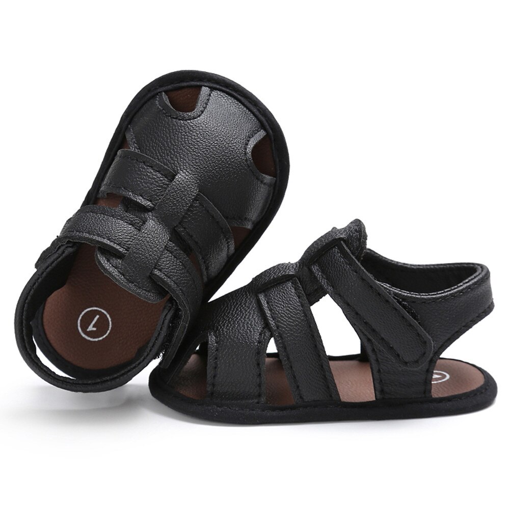 Sandales d&#39;été solides antidérapantes pour bébés garçons et filles de 0 à 18 mois, chaussures décontractées, en PU, à la ,: Black / 7-12 mois