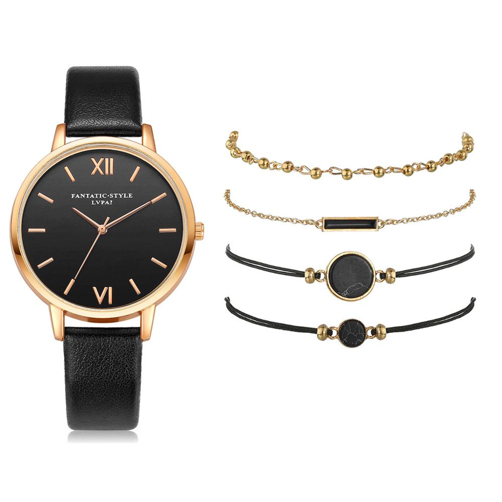 Ensemble de montres en cuir pour femmes, 5 pièces, montres à Quartz, simples, romaines, décontractées, , offre spéciale,: black set