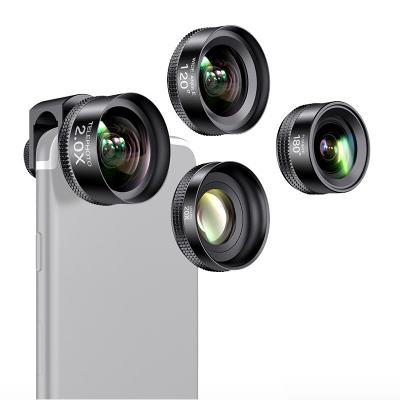 4-In-1 Draagbare 180 ° Fisheye + 120 ° Groothoek + 20X Macro + 2.0X Teleconverter lens Kit Met Clip Voor Mobiele Telefoon