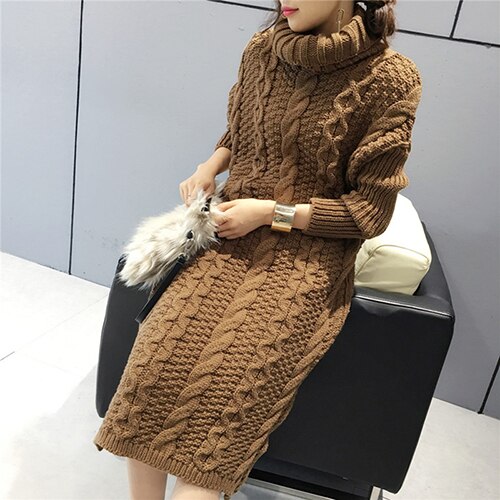 Woman Winter Dress Knitted Dress Turtleneck Long Sleeve Women Warm Long Sweater Dress Sweaters and Pullovers Women Clothing: brown