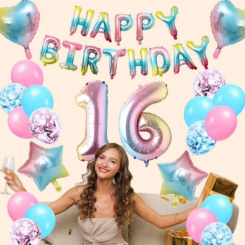 Arco Iris 16 cumpleaños decoración cartel de feliz cumpleaños estrella y corazón globo de papel de aluminio para niñas y mujeres de cumpleaños