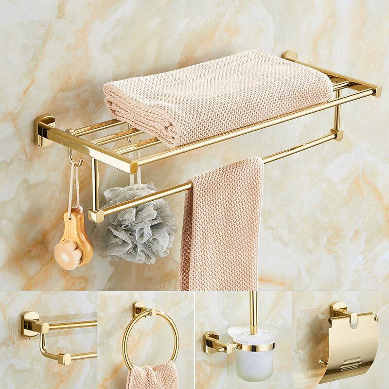 Bathroom Accessories Set Brass Gold Towel Rack Toilet Brush Holder ...