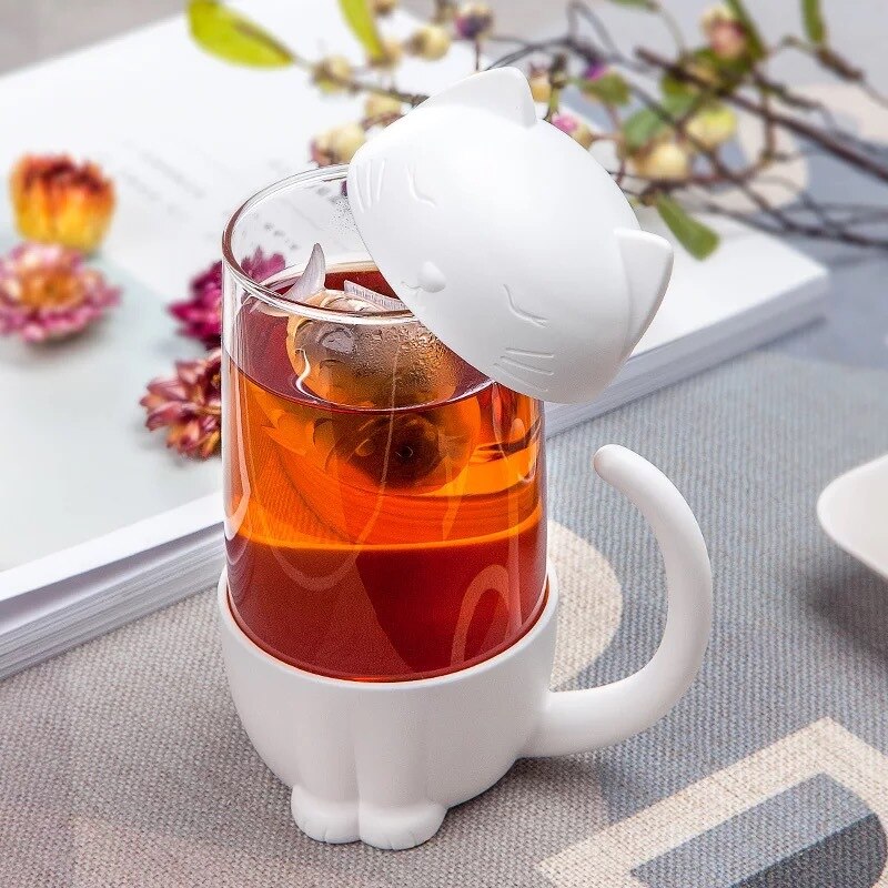 JOUDOO-tasse à thé en verre pour chat mignon, tasse avec filtre pour infuseur de poisson, 35