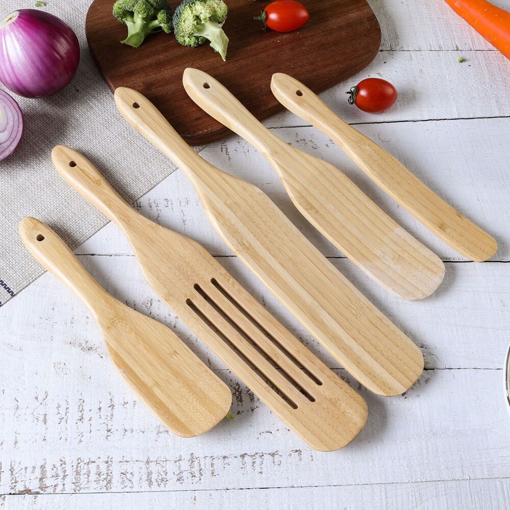 Bamboo Kitchen Utensil Set,4/5PCS Bamboo Spurtle Kitchen Sets Non-Stick Wooden Cooking Utensils Spatula Slotted Spatula Sets