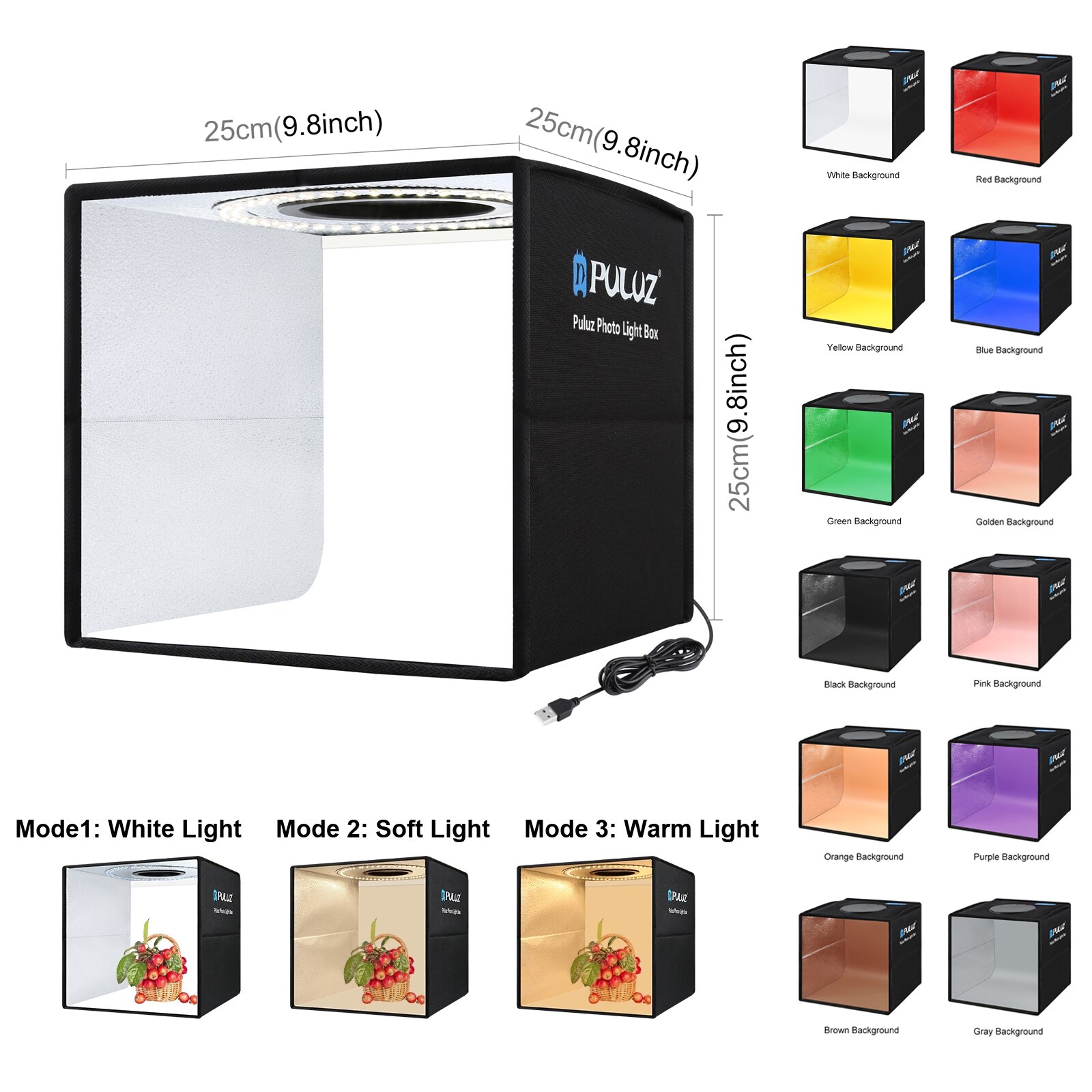 PULUZ 80 60 40 30 25 cm Folding Portable Ring LED Light Photo Lighting Studio Shooting Tent Box Kit with 6 12 Colors Backdrops: 25cm 3 Mode LED Box