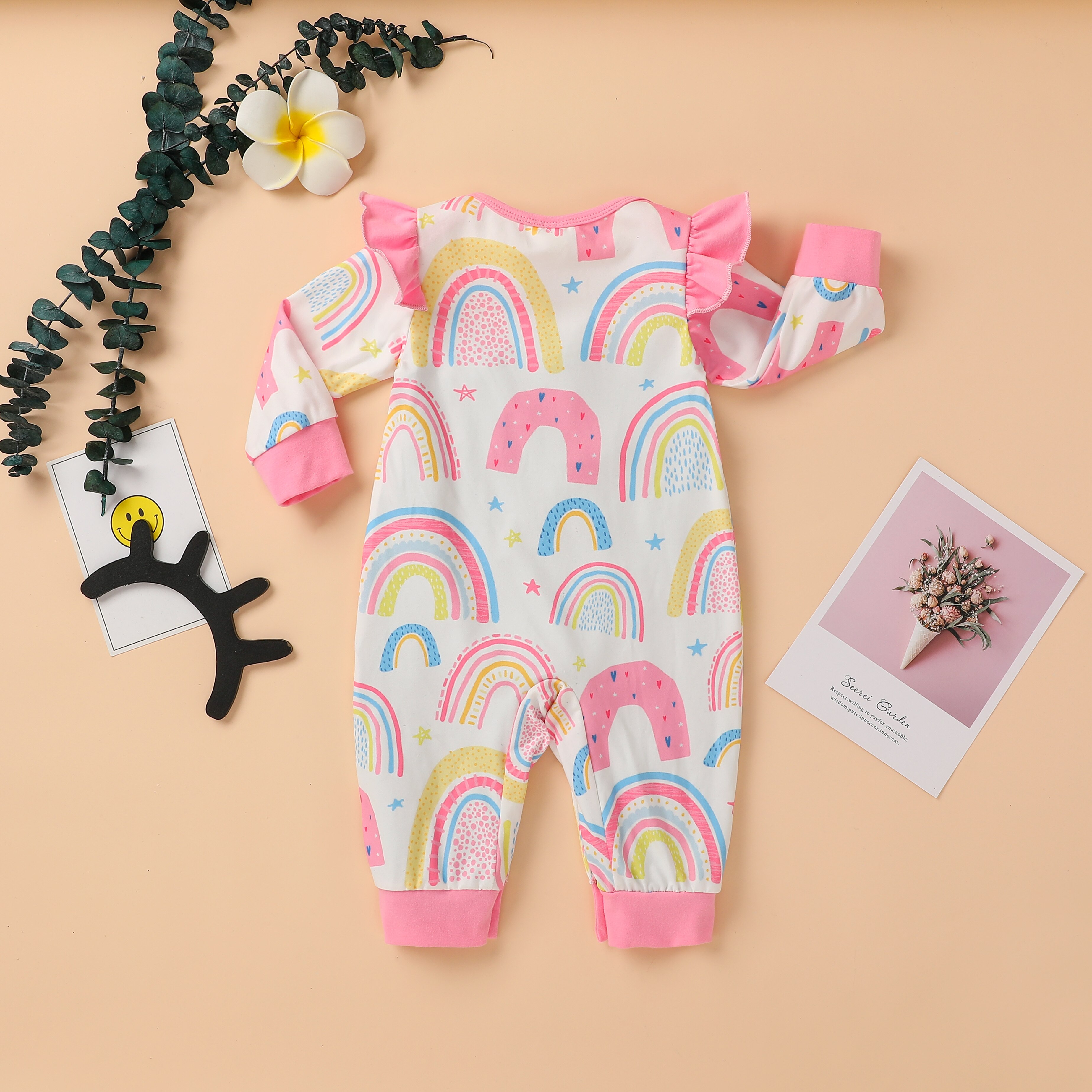 FOCUSNORM 0-18M Herbst Kleinkinder Baby Mädchen Jungen Strampler Regenbogen Drucken Rüschen Langen Ärmeln Oansatz Hause Sport Schlafen hosen