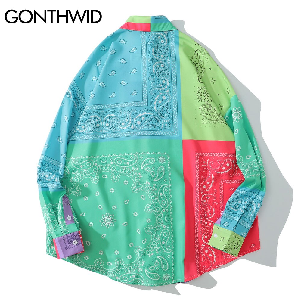 GONTHWID Bandana Paisley Pattern Color Block Hawaiian Shirts Beach Casual Long Sleeve Shirt Tops Party Harajuku Blouse