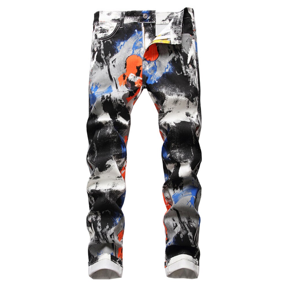 Men&#39;s Slim Stretch Denim Printed Jeans Y2K Contrast Color Neon Painted White Pants Trousers